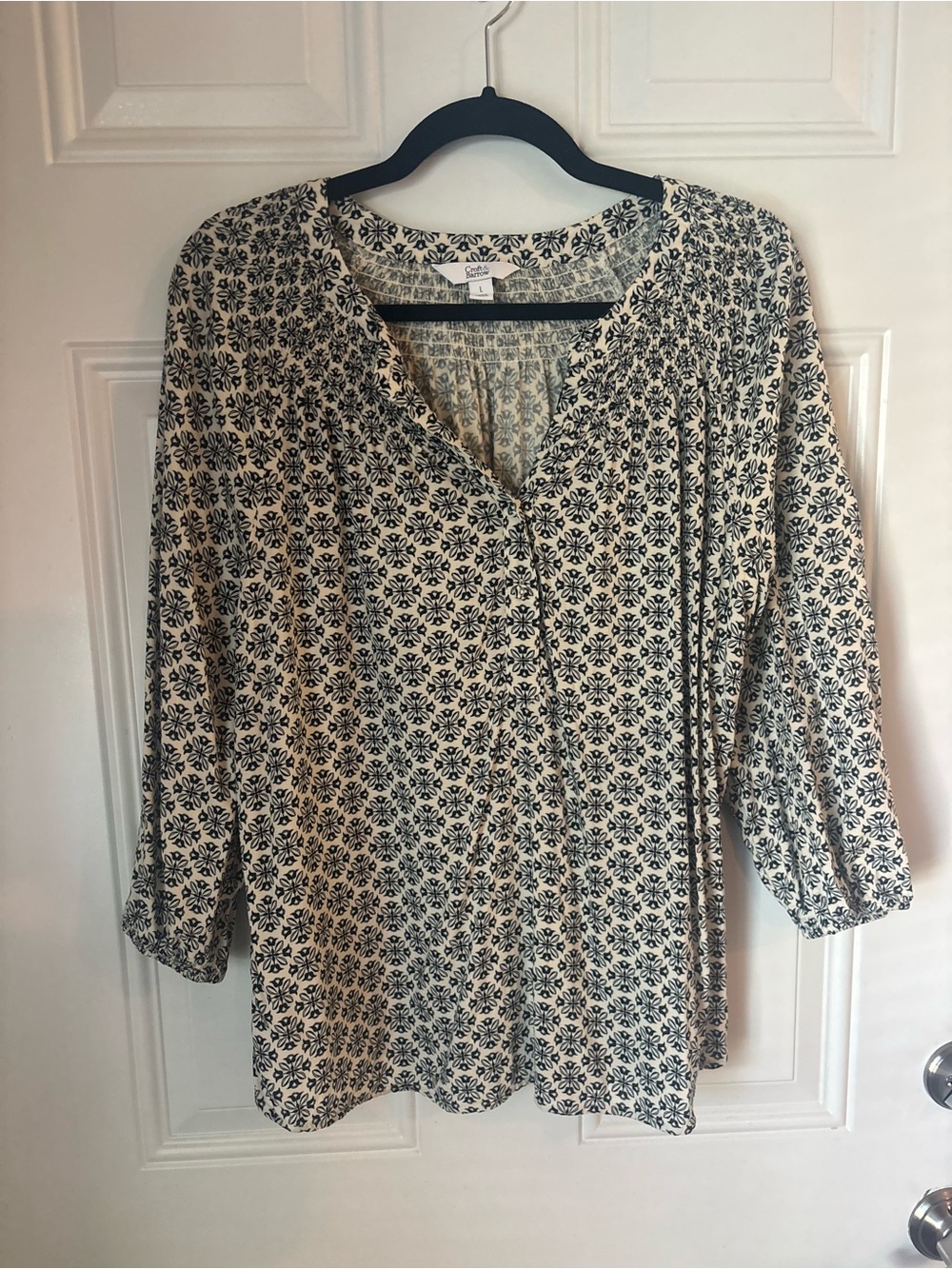 croft & barrow Black Floral Print Peasant Blouse on Cream